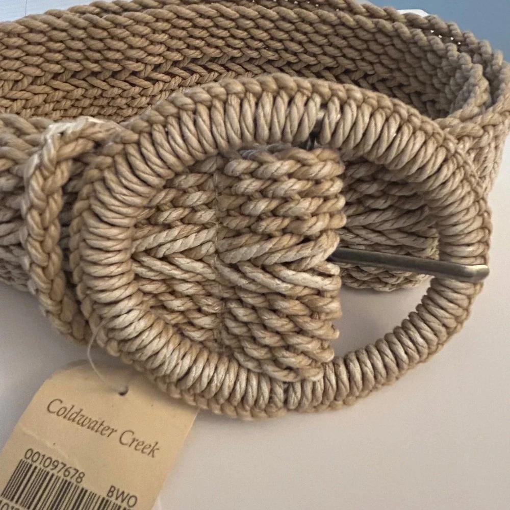 Coldwater Creek Tan Woven Cotton Cord Braided Belt Round Buckle L/XL New